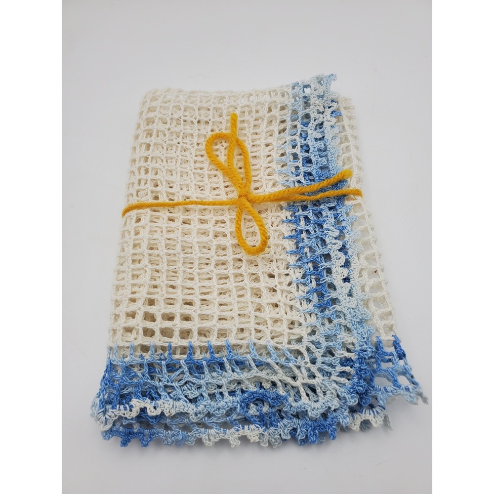 Vintage Filet Crochet Table Runner or Doily- Blue Scalloped Border 12x18
